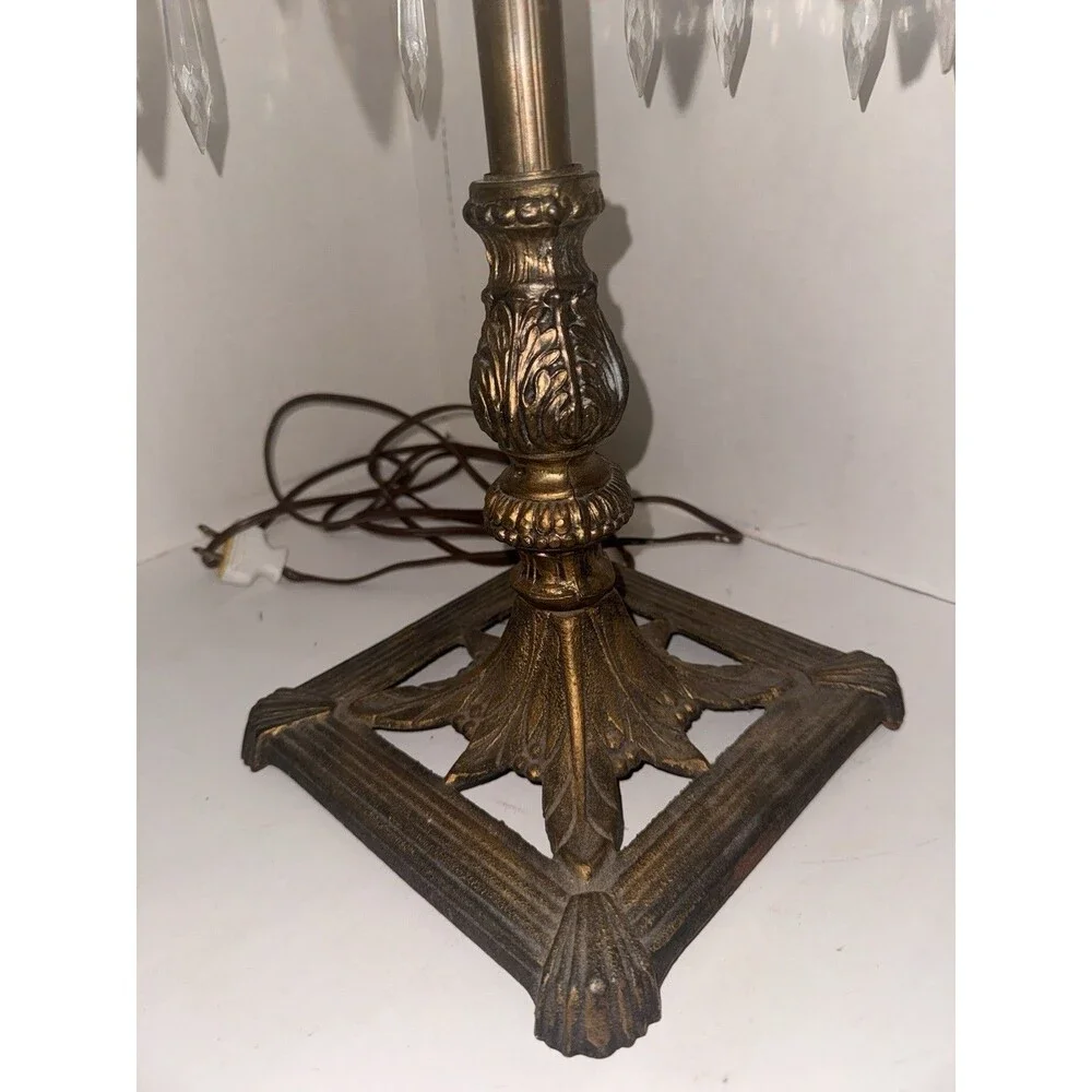 Vintage Art Deco Crystal Prisms Boudoir Table Lamp Cast Iron Bronze Tone 20s 30s